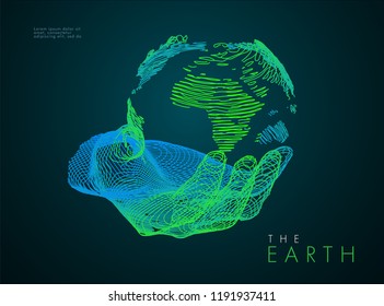 Earth in hand. Vector drawn by color lines. Creative line-art vector. Template icon, flyers, presentations, logo, print, leaflet, banners.