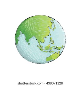 Earth hand-drawn on white background. World map or globe in doodles style. Environment doodle design for earth day