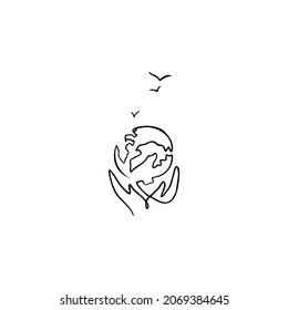 earth, hands, birds one line vector illustration art hand draw .