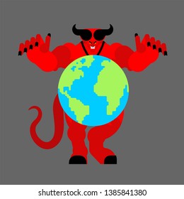 Earth in hands of demon. Devil holds planet. beginning of apocalypse. Satan and world 
