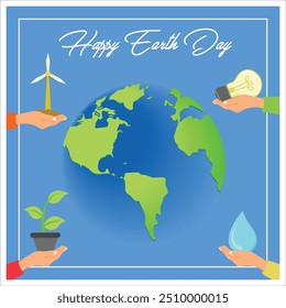 Terra com mãos segurando moinho de vento, broto, lâmpada e água. Proteja a Terra do aquecimento global. Conceito do Dia da Terra. Ilustração de vetor plano.