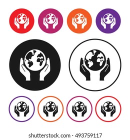 Earth in hands icon. ECOlogy. Button. Vector illustration. EPS10