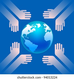 earth in hands on blue background