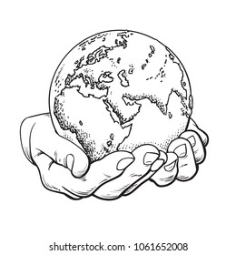 Earth in hands in retro style. Two palms hold the globe. Environment concept. Vintage hand drawn sketch vector illustration white background.