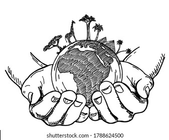 Earth in hands in retro style. Two palms hold the globe. Environment concept. Hand holding earth sketch drawing. Giraffe and African vegetation on the globe. Vintage hand drawn vector illustration.