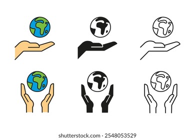 Earth in hands. Save planet icon. Earth day logo. Eco globe sign