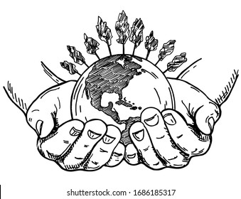 Earth in hands in sketch style. Two palms hold the globe. Save the planet concept. Environment concept. Vintage hand drawn sketch vector illustration white background. 