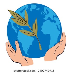 Earth in hands symbolizes peace and care for the planet. Symbol of global peace, environmental sustainability and ecology, green energy and conservation of natural resources, flat vector isolated.