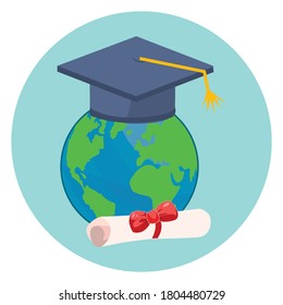 earth with hat graduation and certificate with red ribbon