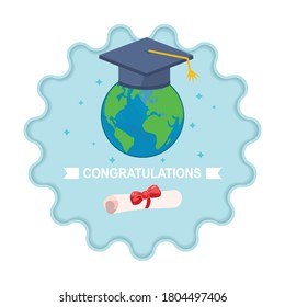 earth with hat graduation and certificate with red ribbon