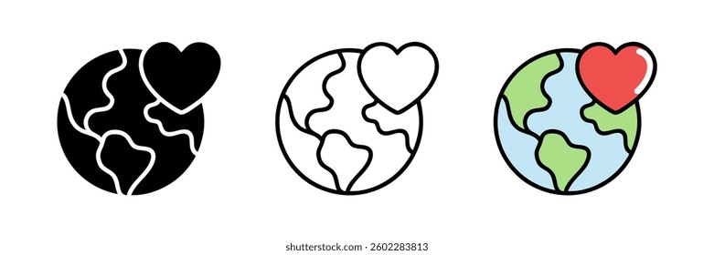 Earth with Heart Icon Set for Love and Care for the Planet