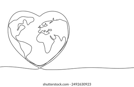 
La Tierra como el corazón una línea continua. La tierra como arte de línea del corazón. Arte vectorial dibujado a mano.