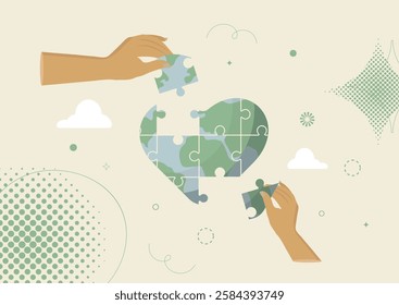 Earth Heart Puzzle Pieces Environmental Solution Vector. hands assembling heart-shaped Earth puzzle, symbolizing environmental cooperation, with decorative Memphis-style elements. Vector illustration