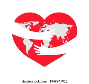 Earth in heart. Save planet. Hand with love and care hug of world. Embrace of earth. Day of globe. Icon for environment and ecology. Protect of environmental. Concept of recycle and life. Vector.