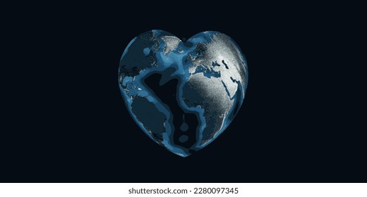 Earth as a heart seen from space, dark blue banner for Earth Day