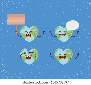 earth with heart shape character and speech bubble protest