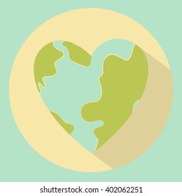 Earth in heart shape. Flat vector icon 