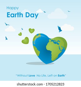 Earth in Heart Shape, Happy Earth Day, Earth Day. Eco friendly concept. Vector illustration. Earth day concept. World environment day background. 