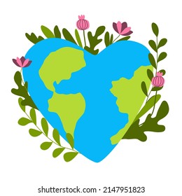 Earth heart shape with plants vector illustration. Invest in our planet. Blooming sphere. Save the planet symbol. Earth day card.