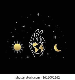 Earth held by the hand of almighty with the moon, star and sun. Symbol of harmony and balance, and universe. Tattoo design, Tarot reader, yoga logo. Boho print, poster, t-shirt.