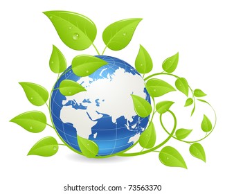 Earth hemisphere covered by green plants. Ecology concept. Vector illustration, isolated on a white.