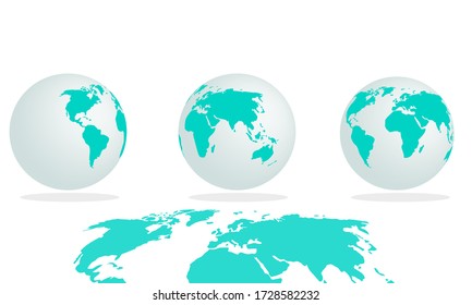 Earth hemisphere, globe in different directions, set of 3,  globe  for news, blue earth, globe with continents