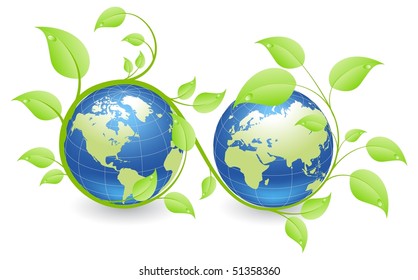 Earth hemispheres covered by green plants. Ecology concept. Vector illustration, isolated on a white.