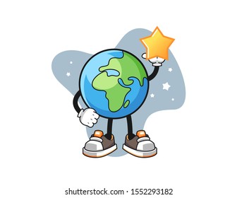 Earth hold a star cartoon. Mascot Character vector.