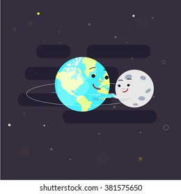 Earth holding hand with moon for play around orbit circle. character design. orbit study for kid - vector illustration