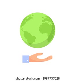 Earth holding palm isolated icon on white background. Flat vector illustration.