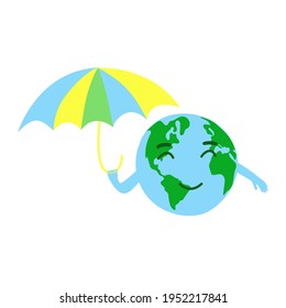 Earth holding an umbrella in her hand. Label, icon for Environment Day, Earth Day