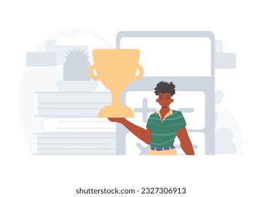 The Earth holds the achiever 's cup in his domesticate wrench . achiever concept. Trendy style, Vector Illustration