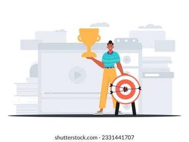 The Earth holds the achiever 's cup in his domesticate pull . achiever concept. Trendy style, Vector Illustration