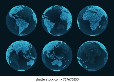 Earth hologram from different angles. Set of hud elements. Blue world map on a dark background with grid. Eps10 vector