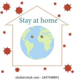 The Earth at home vector isolated on white background. Cute cartoon flat design for staying at home campaign.