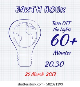 Earth hour 25 March 2017 hand drawn doodle sketch on a sheet of cell paper. Vector illustration for card, banner, poster