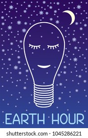 Earth Hour. 60 minutes of off light. Symbolic  drawing of a sleeping lamp on a background of the starry sky and the moon. Ecology