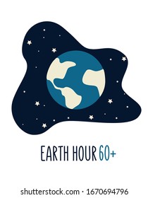 Earth hour 60+ template, banner to join campaign. Planet in space. Flat vector illustration. 
