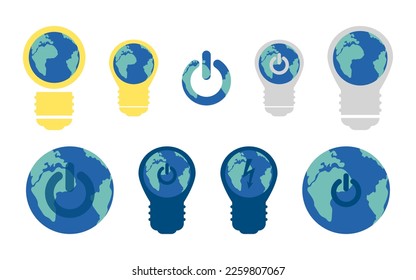 Earth Hour 60+ vector illustration set. Earth Planet in ligntbulb with power button. Turning off the light for 60 minutes, an environmental problem. Climate change, world pollution. Earth Day concept.