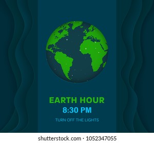 Earth hour abstract minimal dark blue background with waves with 3d effect. Dark colored Earth planet in Space. Paper cut style. Vector Illustration. 