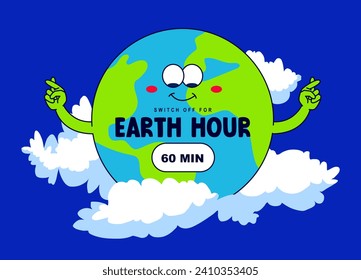 Earth Hour - ein jährlich stattfindendes internationales Event. Lächelnder Globus kreuzte sich die Finger und wünschte, dass alle eine Stunde lang das Licht ausschalten würden. Vektorgrafik für ein Poster, Banner oder Postkarte.