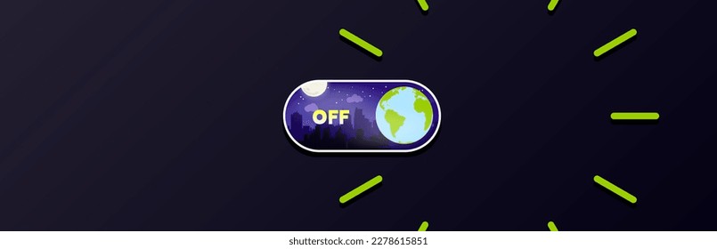 Earth Hour Banner Background. Light Switch Concept inside a clock.  Dark City silhouette inside a on and off switch with the planet Earth for Earth hour. Vector Illustration. EPS 10.