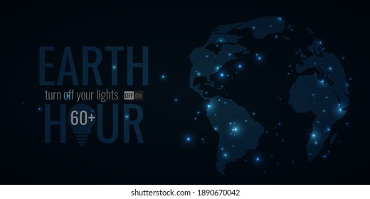 Earth Hour banner, poster, flyer. International action turn off your light. Space background with Earth planet and light. Vector illustration