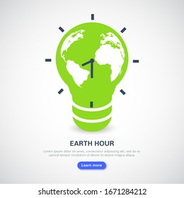 Earth Hour banner. Saving the planet, environmental action. The globe in the form of a light bulb and a clock with an arrow on a light background. Vector flat illustration.