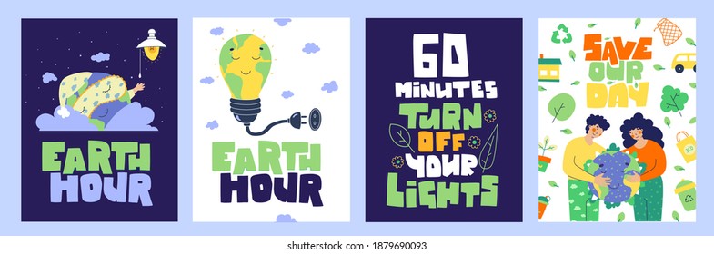 Earth hour banner set. Planet earth day. Turn off your light. 60 minutes.