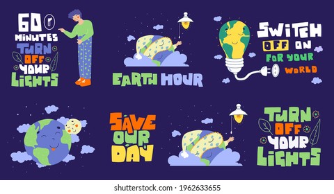 Earth hour banner set. Planet earth day. Save our day. Turn off your light. 60 minutes.