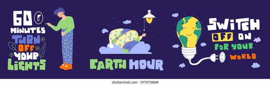 Earth hour banner set. Planet earth day. Save our day. Turn off your light. 60 minutes.