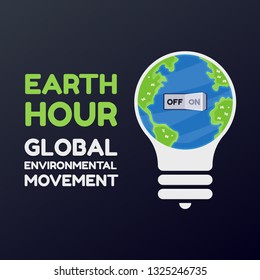 Earth hour with bulb and switch turn off on vector cartoon illustration