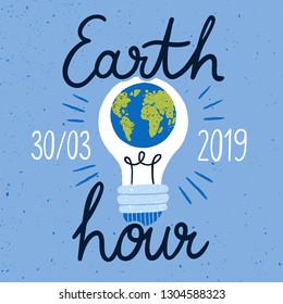 Earth Hour campaign banner with planet inside light bulb and handwritten text. Worldwide ecological movement for reduction of energy consumption. Flat vector illustration for event announcement.