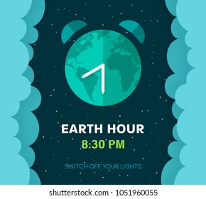 Earth hour. Cartoon flat Earth planet in Space. Starry sky background with fluffy clouds and Earth globe. Alarm clock concept. Paper and craft style. Vector Illustration. 